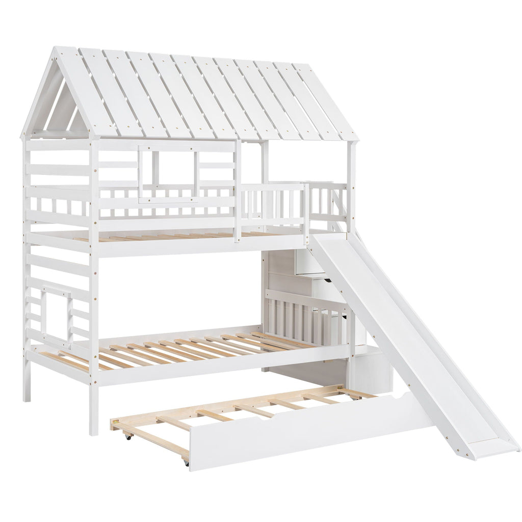 House Bunk Bed With Trundle, Storage Staircase, Roof And Window Design