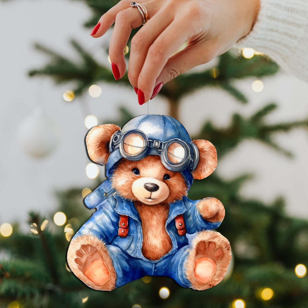 Aviator Teddy Bear Decorative Wooden Ornaments of 3 by G. Debrekht - Christmas Décor - 8091010-S3
