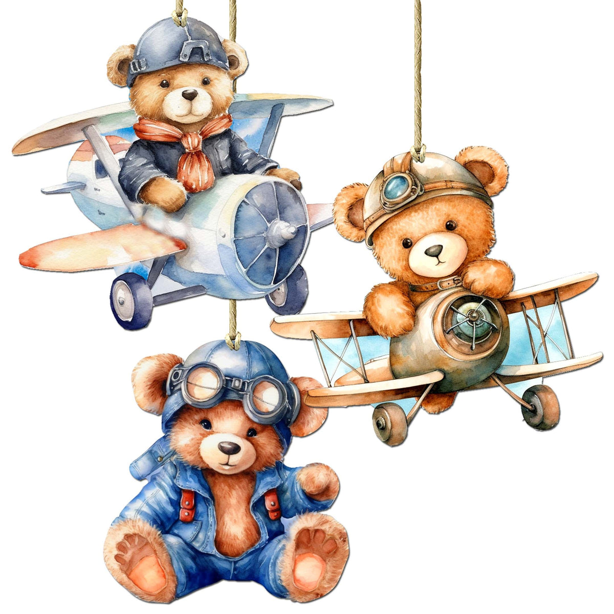 Aviator Teddy Bear Decorative Wooden Ornaments of 3 by G. Debrekht - Christmas Décor - 8091010-S3