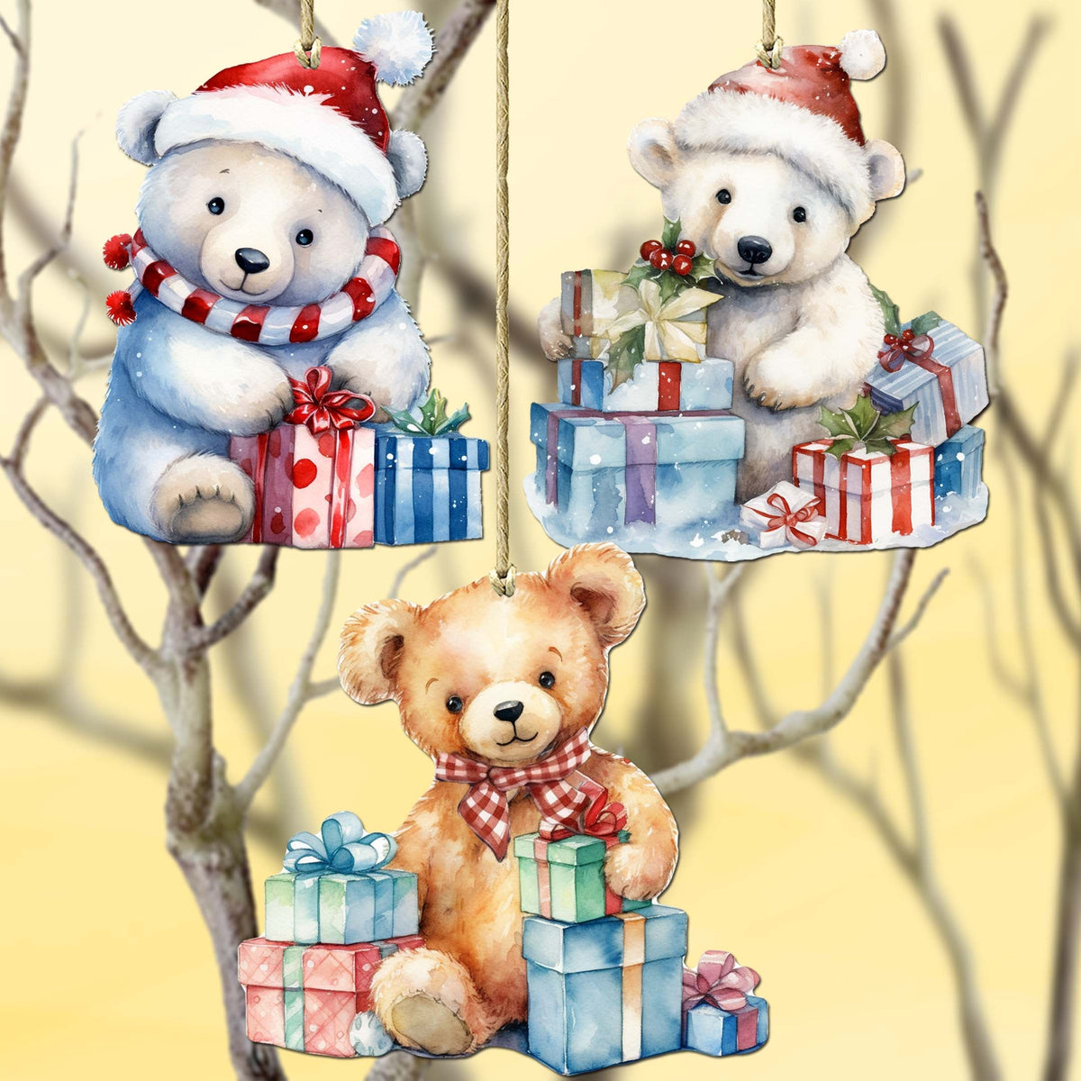 Christmas Teddy Bear Decorative Wooden Ornaments of 3 by G. Debrekht - Christmas Décor - 8091011-S3