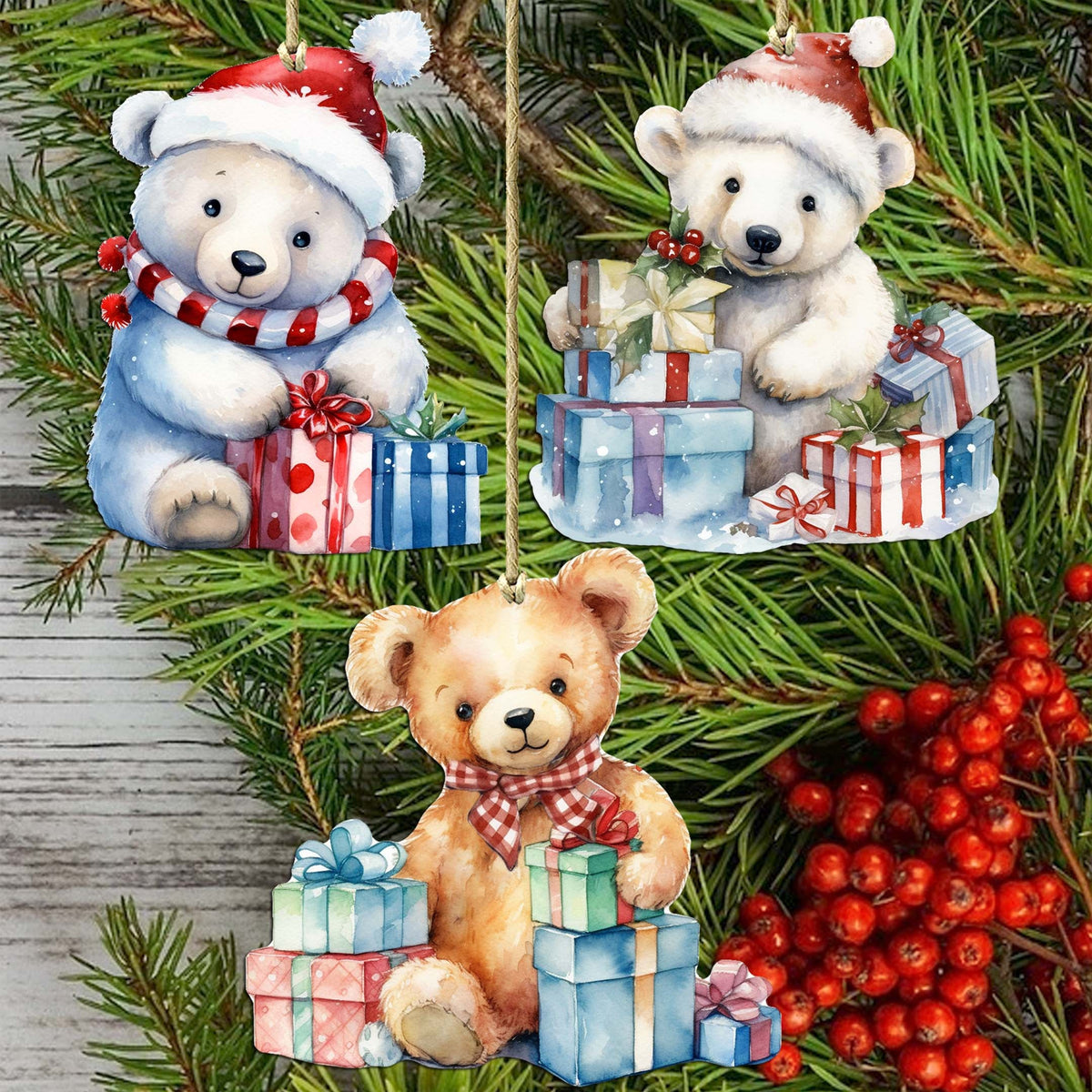 Christmas Teddy Bear Decorative Wooden Ornaments of 3 by G. Debrekht - Christmas Décor - 8091011-S3