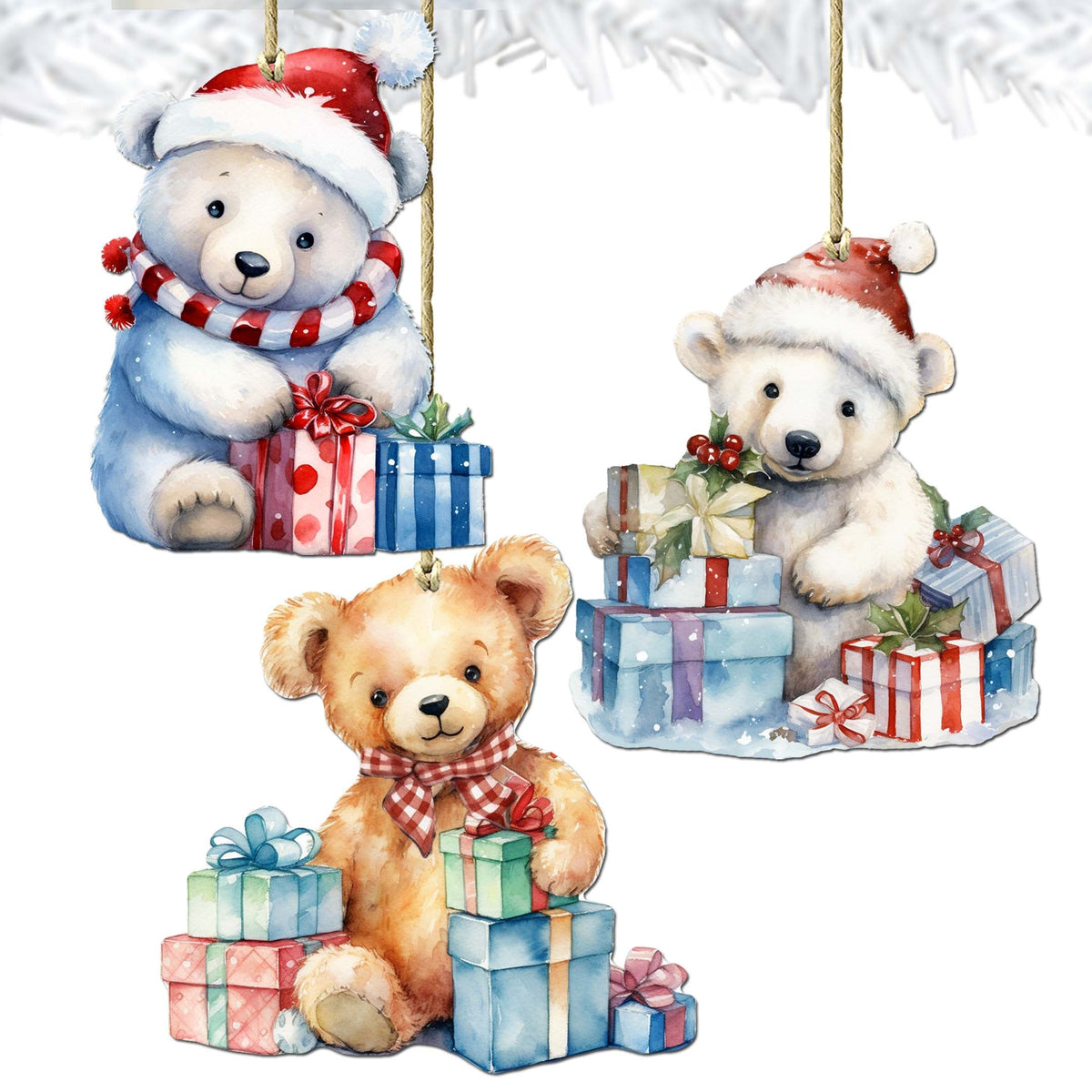 Christmas Teddy Bear Decorative Wooden Ornaments of 3 by G. Debrekht - Christmas Décor - 8091011-S3