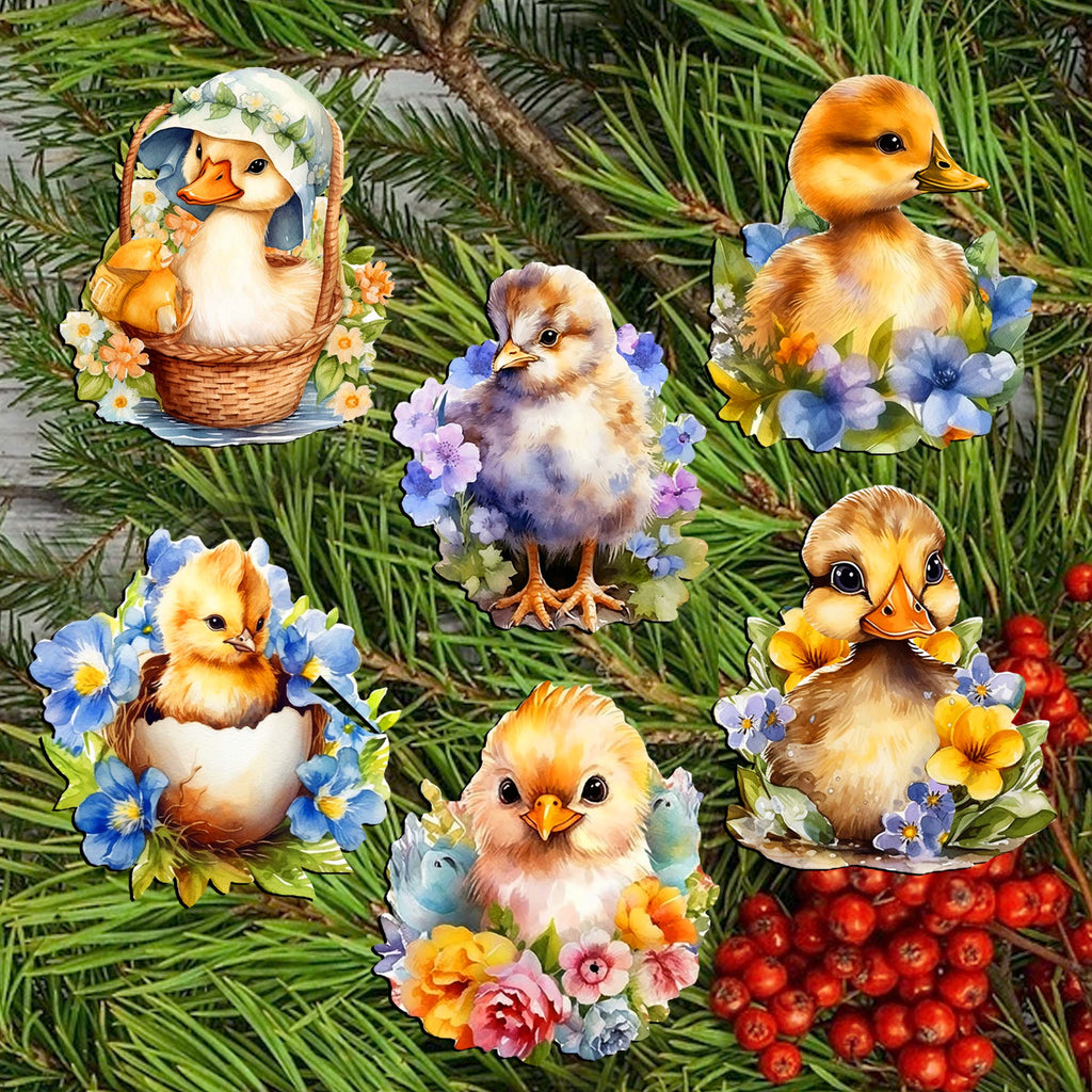Spring Ducklings Clip-On Eco Wood Decorative Ornaments Set of 6 by G. Debrekht - Easter Décor - 8090055C-S6