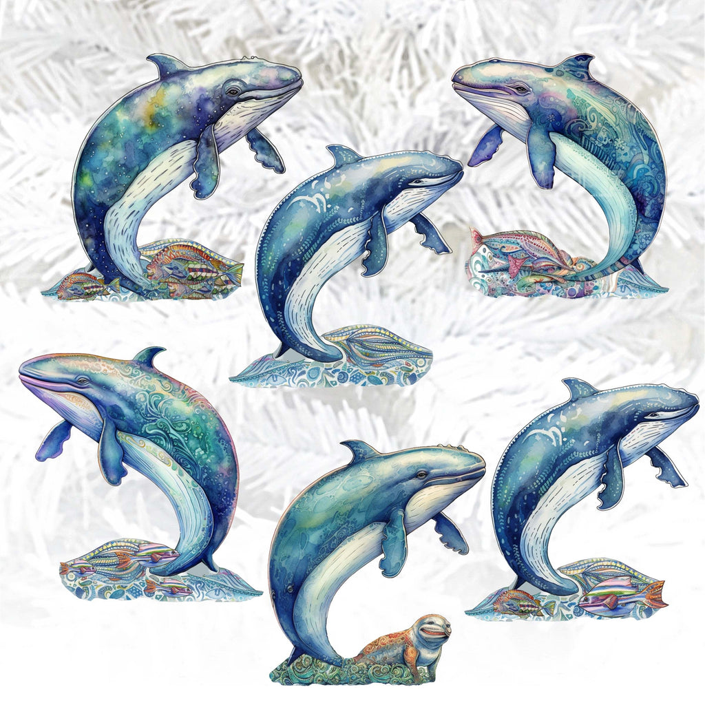 Whale's Melody Clip-On Eco Wood Decorative Ornaments Set of 6 by G. Debrekht - Wildlife Décor - 8090110C-S6