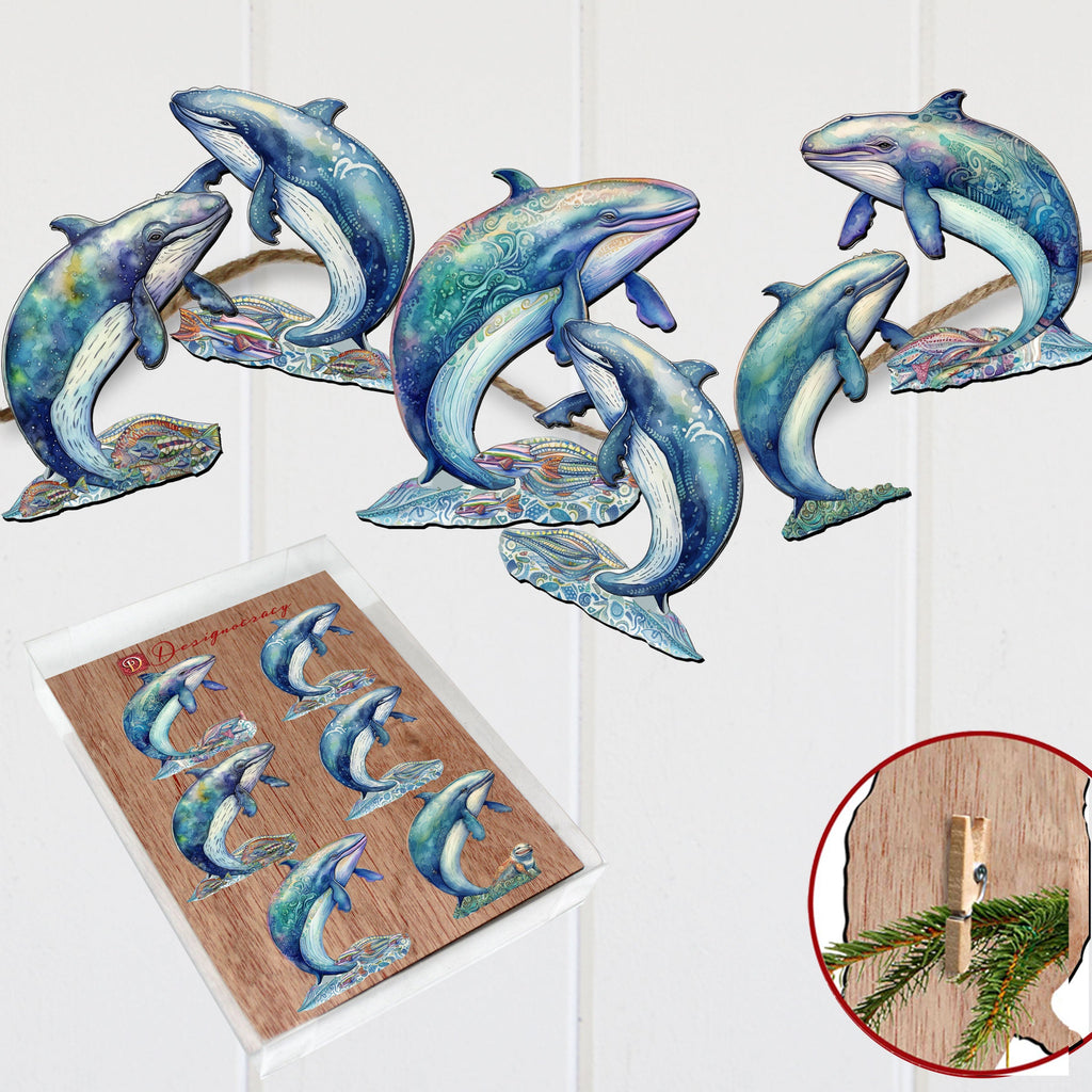 Whale's Melody Clip-On Eco Wood Decorative Ornaments Set of 6 by G. Debrekht - Wildlife Décor - 8090110C-S6