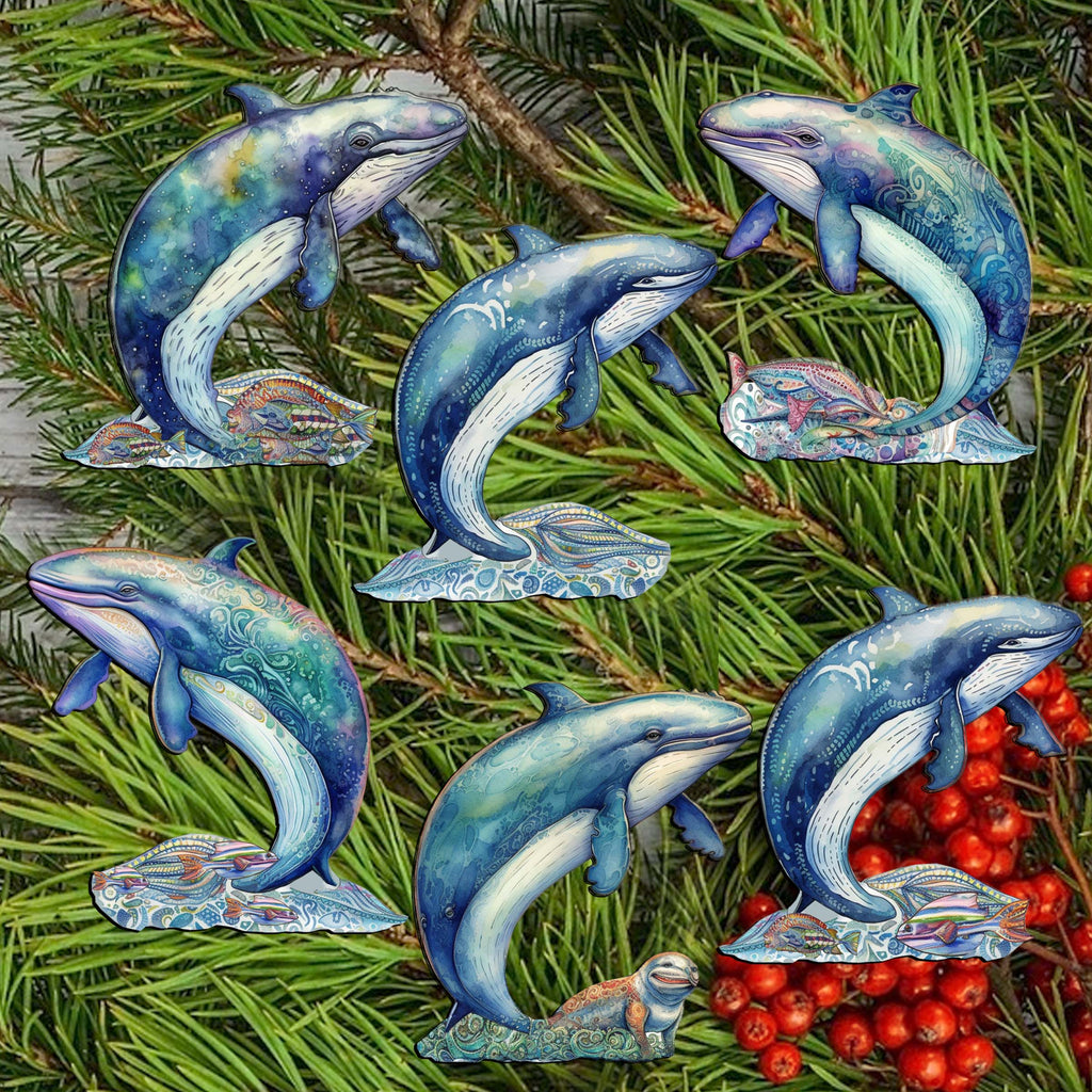 Whale's Melody Clip-On Eco Wood Decorative Ornaments Set of 6 by G. Debrekht - Wildlife Décor - 8090110C-S6