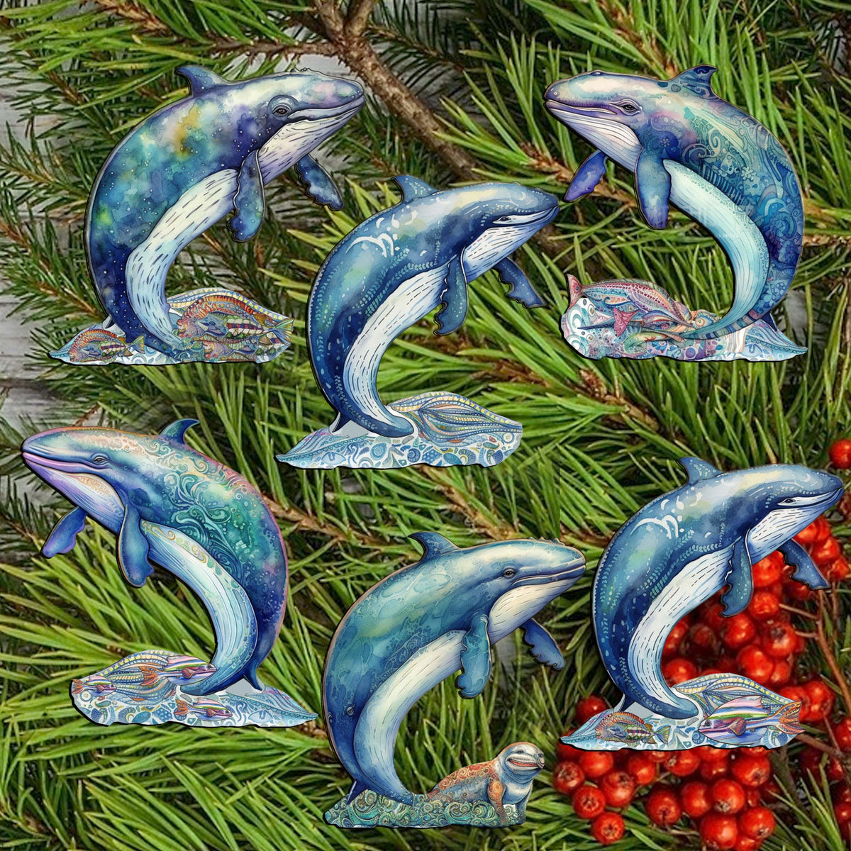 Whale's Melody Clip-On Eco Wood Decorative Ornaments Set of 6 by G. Debrekht - Wildlife Décor - 8090110C-S6