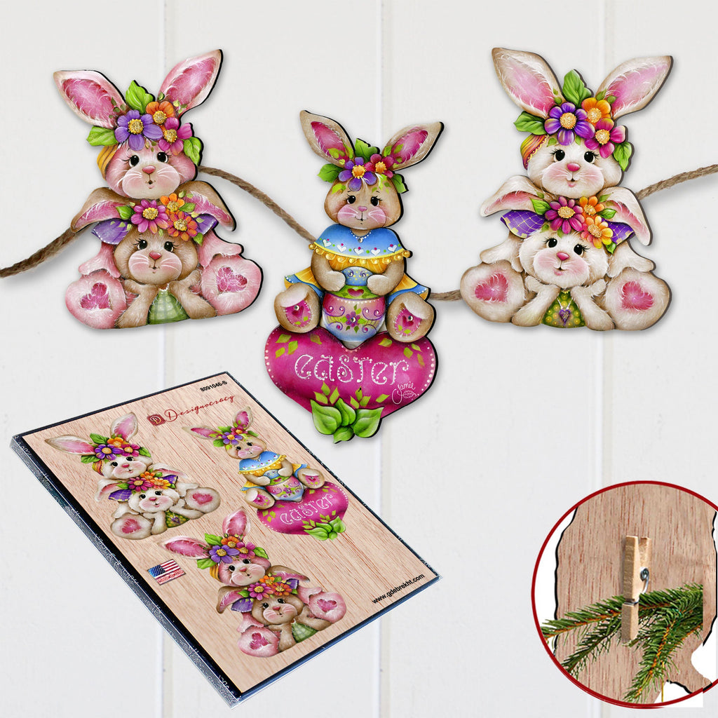 Easter Bunnies Clip-On Eco Wood Decorative Ornaments Set of 3 by J. Mills-Price - Easter Spring Decor - 8091046C-S3