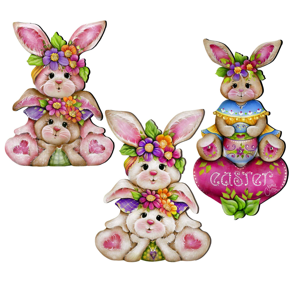 Easter Bunnies Clip-On Eco Wood Decorative Ornaments Set of 3 by J. Mills-Price - Easter Spring Decor - 8091046C-S3