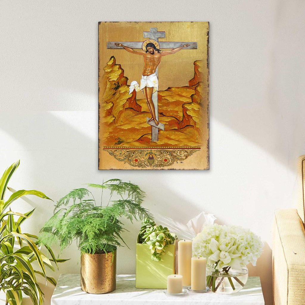 Crucifixion Wooden Gold Plated Religious Christian Sacred Icon - Inspirational Icon Decor - 85058