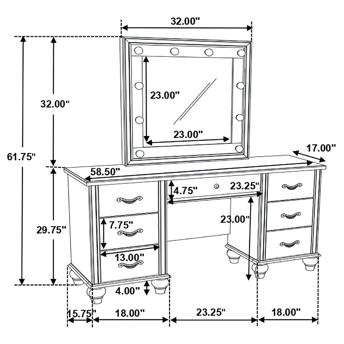 Charlotte - 7 Drawer Vanity Desk With LED Mirror - White