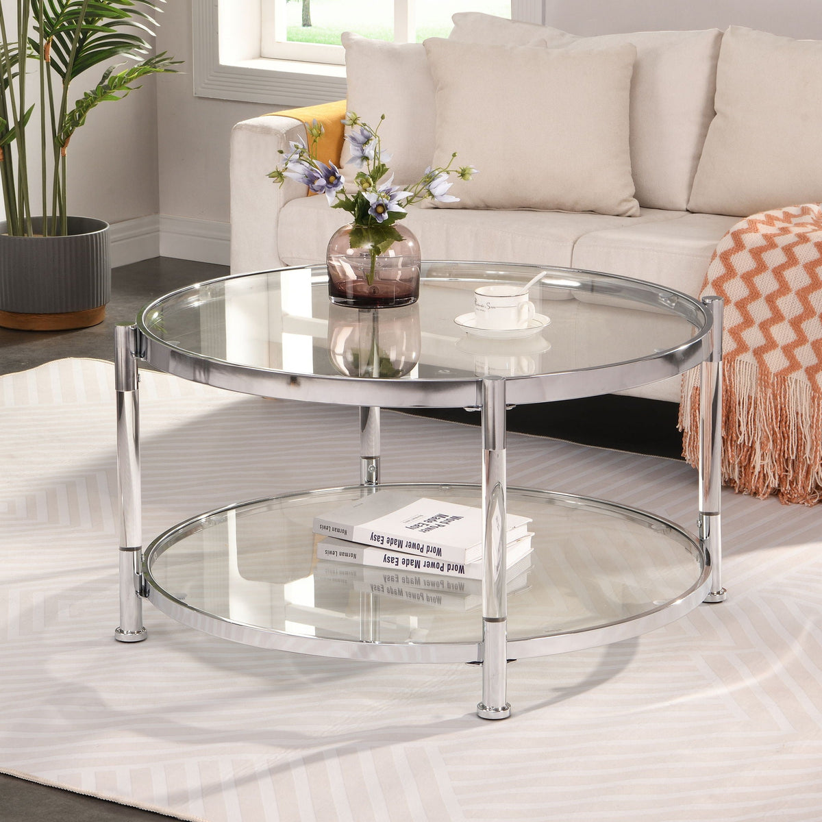 Contemporary Acrylic, Coffee Table, Round Tempered Glass Coffee Table - Chrome / Silver