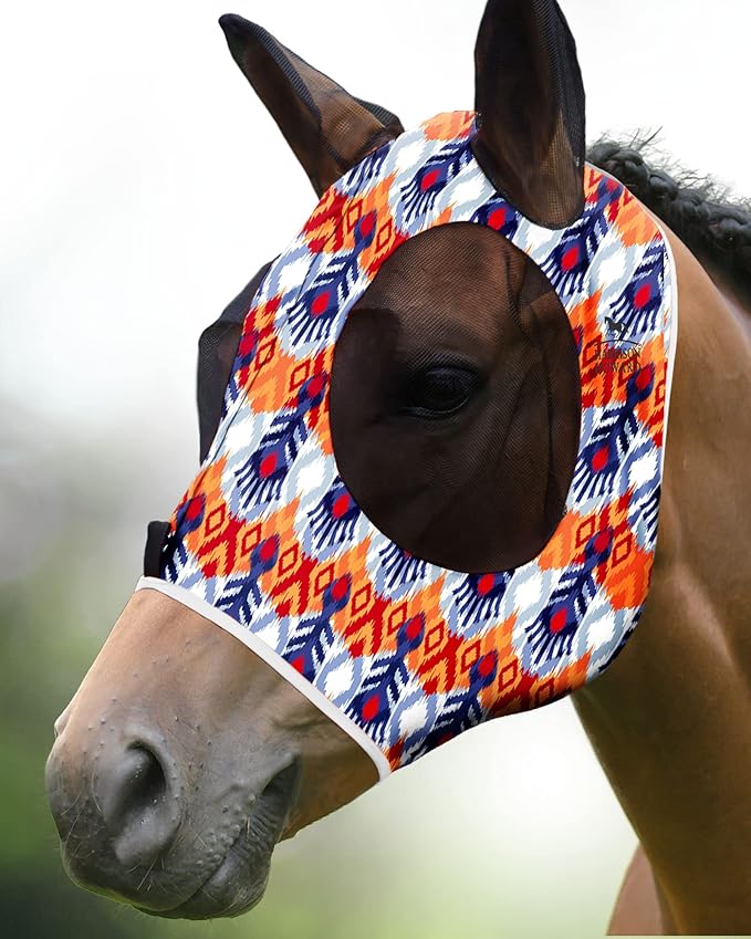 Harrison Howard Super Comfort Stretchy Fly Mask Large Eye Space with UV Protection Soft on Skin with Breathability Tribe Feather Full Size
