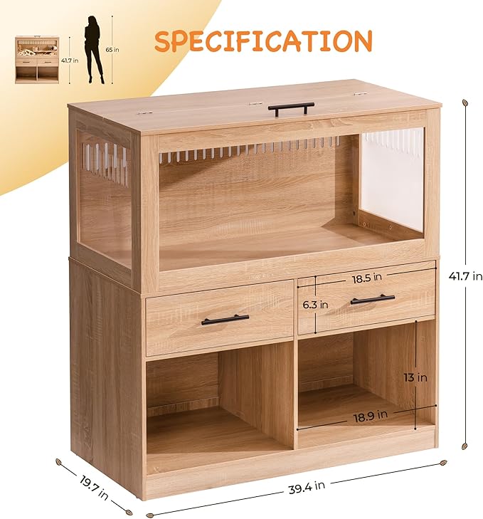 Mewoo Large Hamster Cage, Hamster Cage with Storage Cabinet, Large Habitats Hamster House with View Acrylic Panels and Drawer, Small Animal Cage for Guinea Pig, Rat, Hedgehog, Ferret
