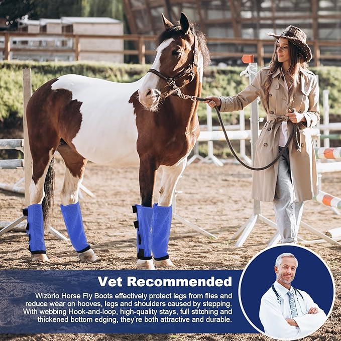 Premium 4-Pack Horse Fly Boots & Leggings Loose-Fit Fine Mesh with Stay-On Fasteners, Support Strips & Anti-Stomp Design Breathable Non-Slip Protection Leg Wrap (Large) Royal Blue