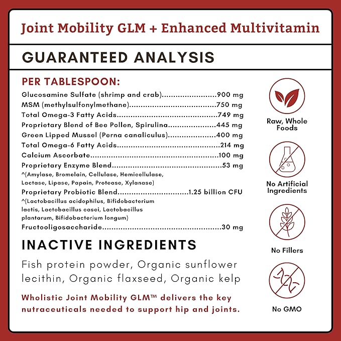 Wholistic Pet Organics Joint Supplement: Joint Mobility with Green Lipped Mussel Daily Joint Health Supplements for Dogs - Dog Glucosamine Powder with MSM, Probiotics, Vitamins, Minerals - 4 Lb