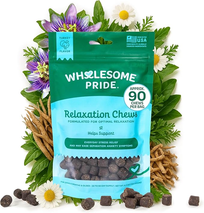Wholesome Pride Calming Supplement for Dogs - 90 Soft Chews - Natural Anxiety Relief, Separation & Noise Stress Support with Herbal Ingredients, No Melatonin, Non-Drowsy