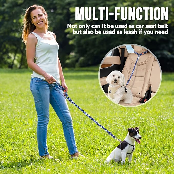 SlowTon Dog Seat Belt for Car, 2 Pack Dog Car Harness Seatbelt Adjustable with Elastic Bungee Buffer, 2 in 1 Pet Car Leash Headrest Restraint Dog Reflective Safety Tether (S, Blue, Headrest+Clip)