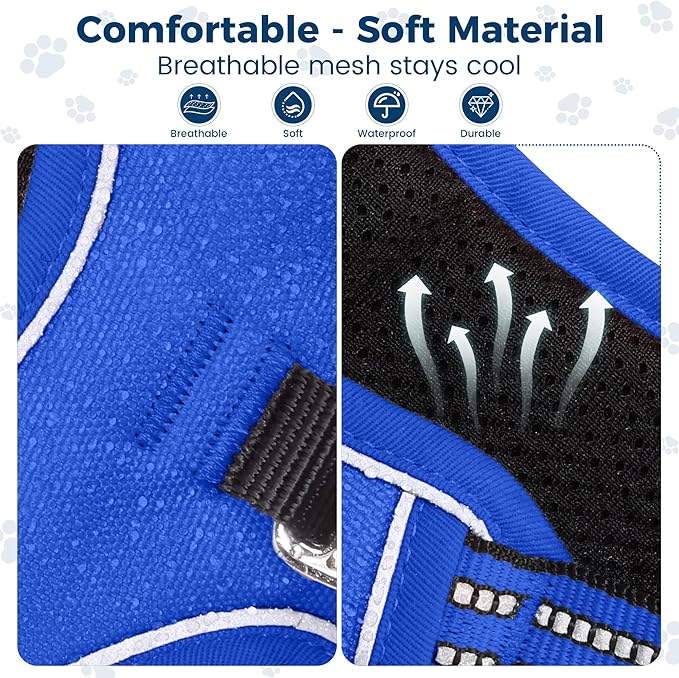 Funfox Dog Harness No Pull, Adjustable Pet Vest Harness, Super Soft Material with Vertical Handle Easy Control, Reflective Night Walking, 2 Leash Clips for Large Dogs, Blue, L