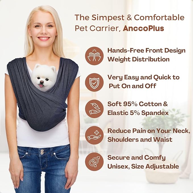 Dog Carriers for Small Dogs, Front Facing Cat Carrier, Hands Free Dog Carrier, Size Adjustable Pet Carrier, Reducing Back Pain, Soft Cotton, Safe Small Dog Carrier (Plus, Charcoal Black)