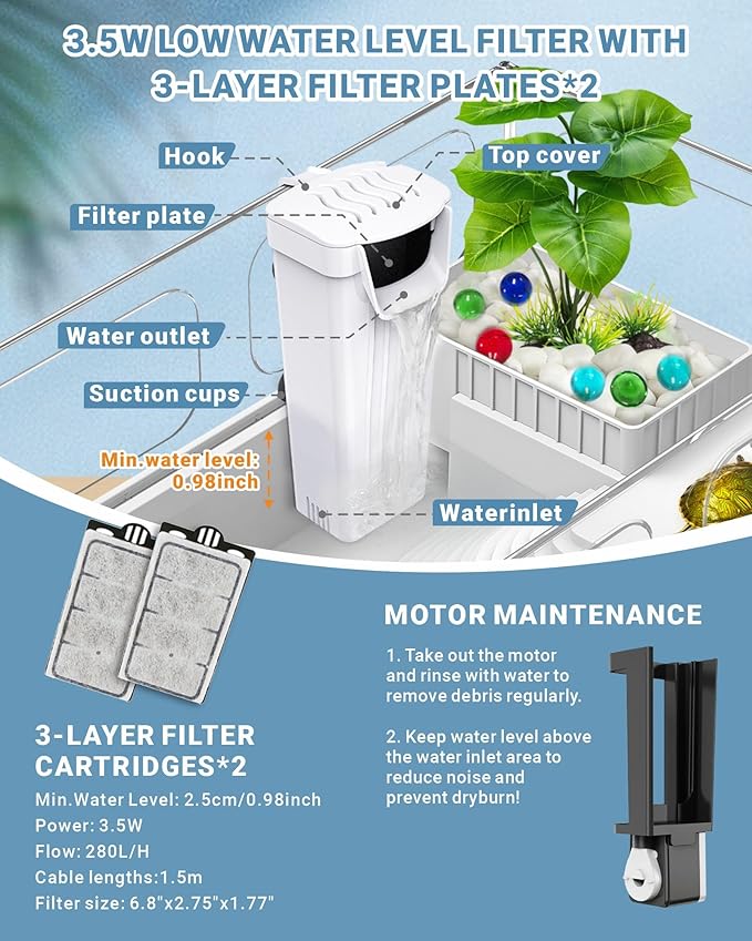 GOZILLA Small Turtle Tank Kit(Tank+Lamp+Filter), Acrylic Turtle Starter Kit with Adjustable Lamp, Reptile Habitat and Terrarium with Multi-Functional Areas for Small Reptiles. (White Kit)