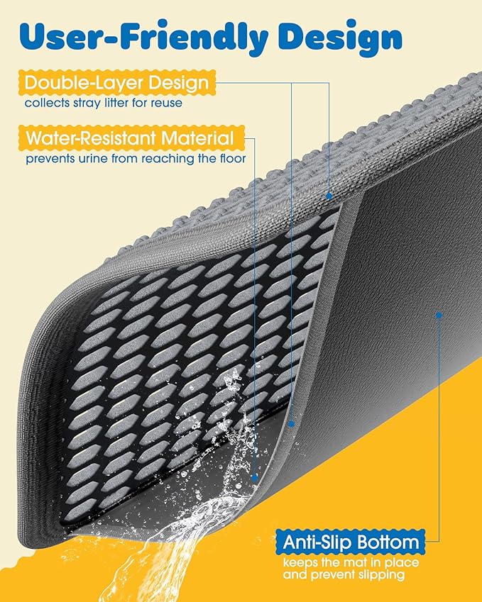 Cat Litter Mat - 23.2'' x 29.1'' Large Litter Trapping Mat, Easy to Clean Litter Box Mat, Waterproof, Urine-Proof, Non-Slip Kitty Litter Mats for Floor, Grey