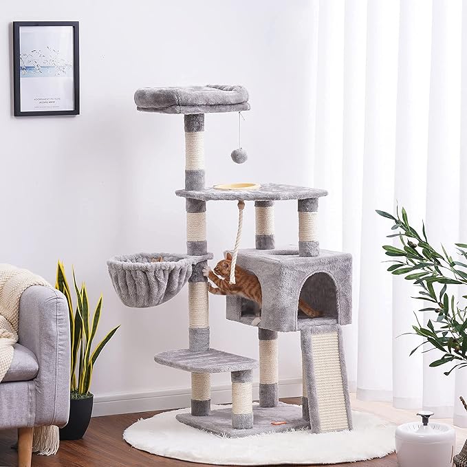 Heybly Cat Tree, Cat Tower for Indoor Cats with Scratching Board, Multi-Level Cat Furniture Condo with Feeding Bowl, Light Gray HCT010W