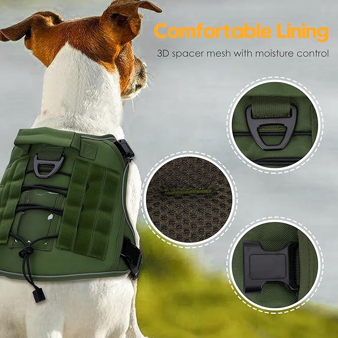 Heavy-Duty Tactical Dog Harness for Large Dogs, No Pull Adjustable Reflective Pet Vest with Molle System, K9 Military-Grade Control for Service Training, Outdoor & 10+ Breeds, Green, XX-Large