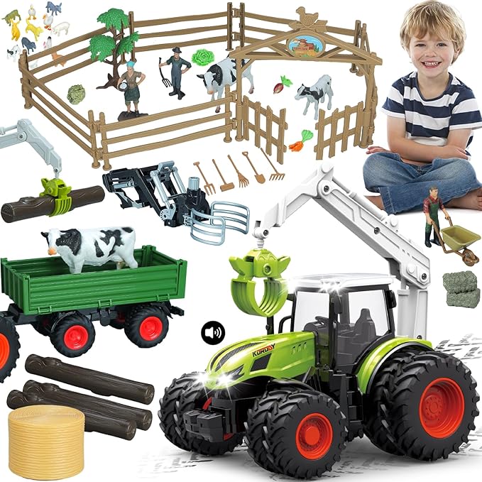 46Pcs Farm Toys, Tractor Toy w/Lights & Sound, Farm Animals Toys for 3 4 5 6 7 8+ Year Old Toddler Girls Boys Kid, Figures Farmer Vehicle Truck Fence Farm Playset Educational Learning Toys