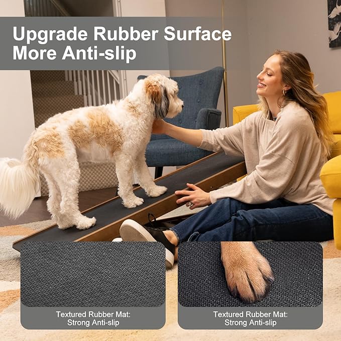 ABORON Folding Pet Ramp, 5-Level Adjustable Dog Ramp for Bed, Couch, SUV - High Traction Rubber Surface, Supports up to 200 lbs, 45.2" Long - Ideal for Small & Large Dogs & Cats,Brown Finish
