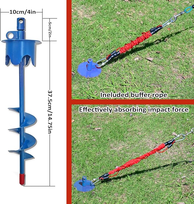 Dog Stakes for Outside Heavy Duty Hold up to 350Lbs Large Dogs Tie Out Tether Leash Chain for Yard Screw in Ground Anchors 17inch with Buffer Rope, Blue