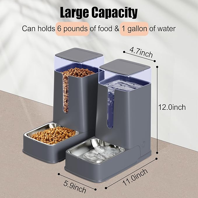 Automatic Cat Feeder and Cat Water Dispenser Set with Stainless Steel Bowls Gravity Dog Feeder for Small Medium Big Dog Pets Puppy Kitten, 3.8Lx 2