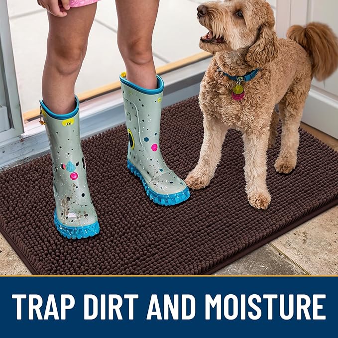 Smiry Dog Door Mat for Muddy Paws 48x30, Absorbs Moisture and Dirt Doormat, Non-Slip Washable Quick Dry Chenille Front Door Mat Indoor Entrance, Entryway Carpet for Inside Floor, Brown