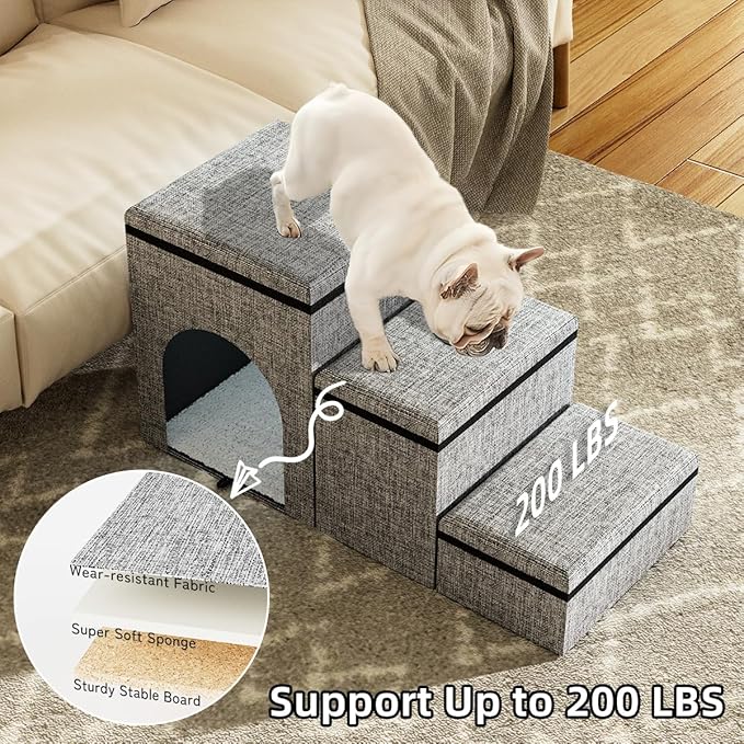 Dog Stairs with Storage, 3-Step Wider Dog Steps with Condo for Dogs and Cats, Pet Stairs for High Bed Climbing, Grey