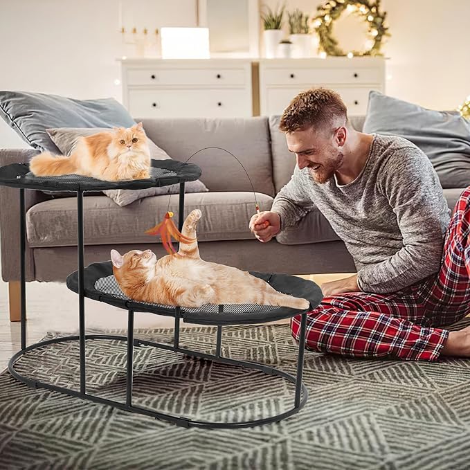 Defined Deco 2 Tier Elevated Cat Hammock Bed, Furniture Cat Bed Breathable Comfortable, Raised Cool Ca t Hammock for Indoor Cats, with Removable Mesh and Steel Frame for Summer