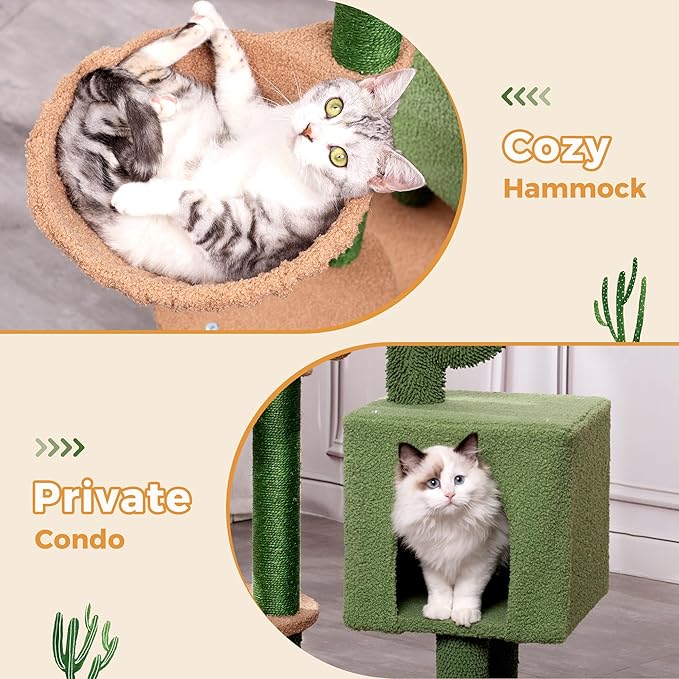 Cactus Cat Tree Small Cat Tower with 32 Inches Scratching Post with Cats Condo House, Cozy Hammock and Removable Top Bed and Dangling Ball for Indoor Cats-34” Green