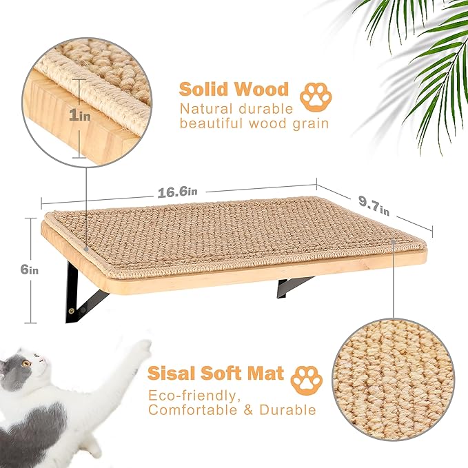 Cat Floating Wall Shelf with Scratching Mat, 1PC 9.7X16.6 Inch Large 1 Inch Thick Wood Cat Window Perches Hanging Shelves Wall Mounted Beds for Sleeping, Playing, Climbing, Support to 30 LBS