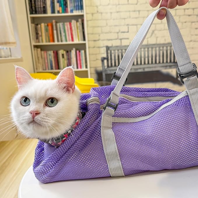 Cinf Cat Bathing Bag(Free Muzzle) Breathable Mesh Anti Scratch Adjustable Cat Grooming Bag for Nail Trimming, Bathing Soft Cat Washing Bag(Taro) L