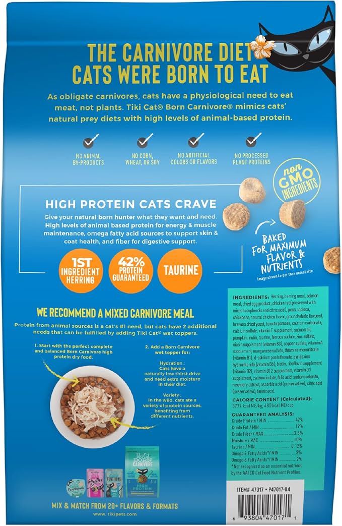 Tiki Cat Born Carnivore High Protein Dry Cat Food, Herring & Salmon Meal, 2.8 lbs. Bag