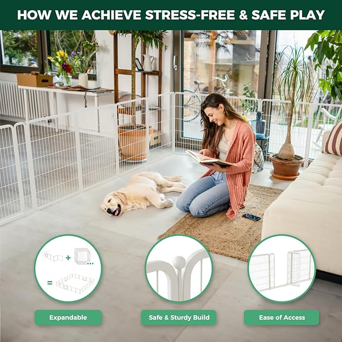FXW Homeplus Unleashed Indoor Dog Playpen - Stress-Free and Safe Play, Heavy Duty 40 Inch 16 Wire Panels Dog Pen for Medium and Large Dogs, White│Patented