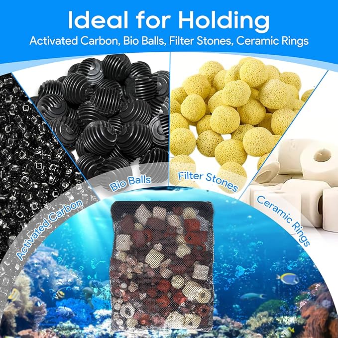 20PCS Aquarium Filter Media Bags for Aquarium with Zipper, Fine Mesh Bag Reusable Strong Polyester for Activated Carbon, Bio Filter Balls, Ceramic Rings, Filter Stones 7.8" x 5.9"