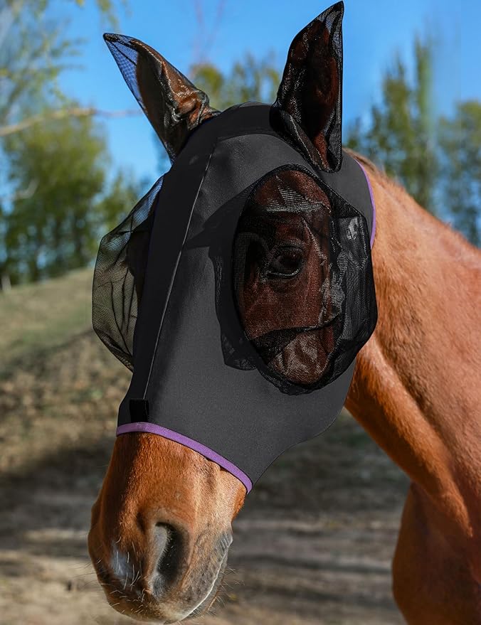 Horse Fly Mask with Ears, UV Protection for Horses, Elasticity with Big Mesh Eye Covers, Snug Fitting Comfortable Breathable Lightweight for Horses Black Full Size