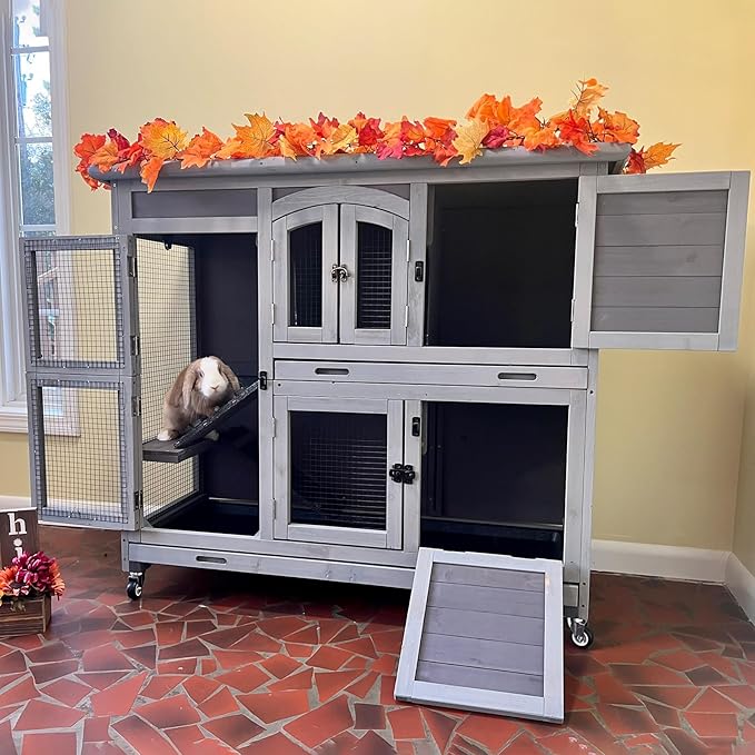 GUTINNEEN Guinea Pig Cage 2 Story Indoor Rabbit Hutch Outdoor Bunny House with Wheels and Leakproof Tray 47" L
