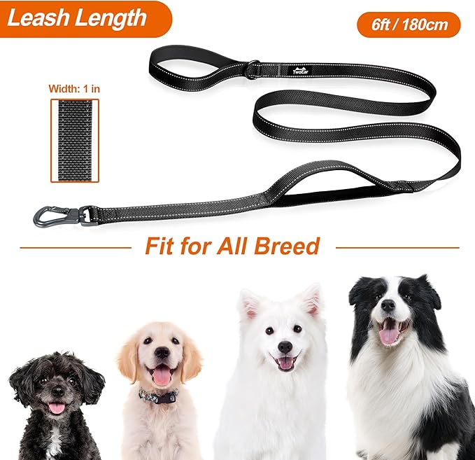 TwoEar 6FT 1IN Strong Black Dog Leash with 2 Padded Handles, Traffic Handle Extra Control, Comfortable Soft Dual Handle, Auto Lock Hook, Reflective Walking Lead for Small Medium and Large Dogs