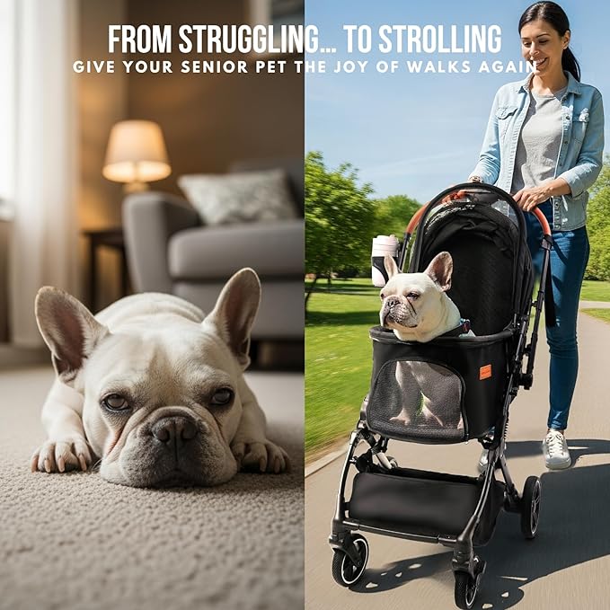 Pet Stroller for Small Medium Dogs Cats Up to 45 lbs, Travel Lite Collapsible, All Terrain 4 Wheels for Jogging, Running, Black
