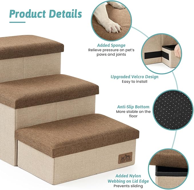 Dog Stairs with Storage, 4-Step Wider Sturdy Dog Steps for Small/Medium/Large Dogs and Older Cats, Folding Doggie Ramp for Bed/Couch/Car Hold Up to 180 lbs (22" H, Brown)