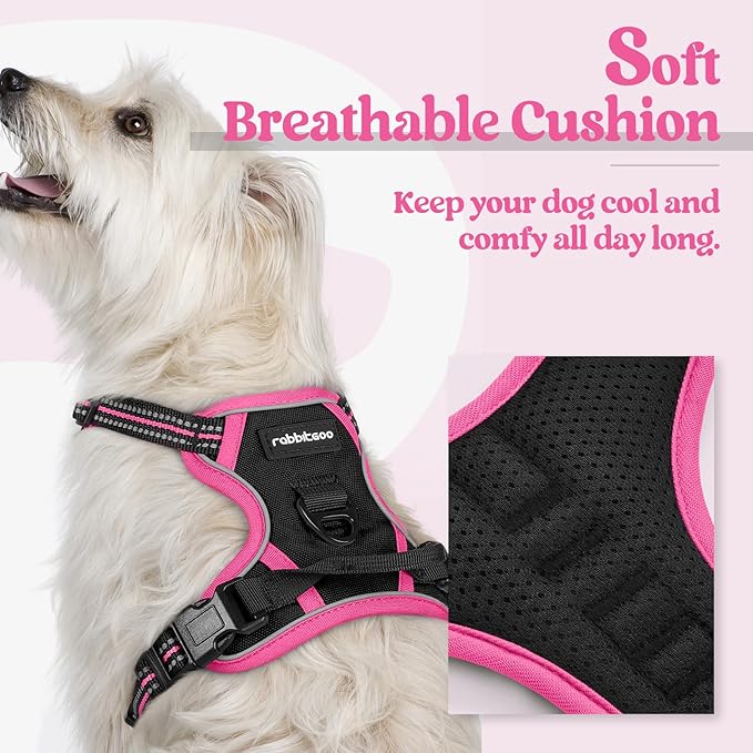rabbitgoo Dog Harness No Pull with 2 Leash Clips, Adjustable Soft Padded, Reflective Oxford No Choke Pet Vest with Easy Control Handle for Large Dogs, Black & Hot Pink, XS