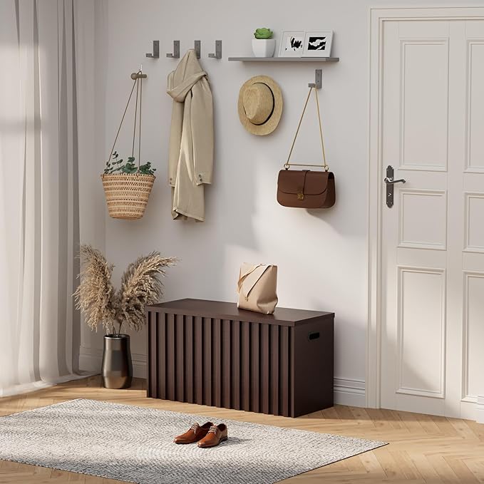UEV Storage Bench,39.4" Wood Box, Storage Trunk with 2 Safety Hinges, Ottoman Storage Chest, Fluted Storage Bench for Bedroom, Entryway, Living Room (Walnut)