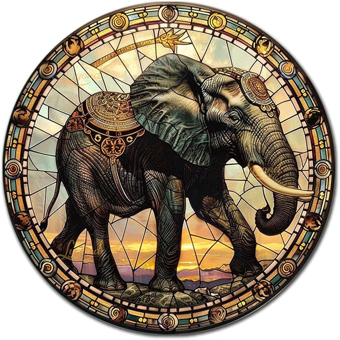 Lygond Metal Sign Tin Sign Circular Stained Glass Elephant Garden Tin Sign for Yard 8×8 Inches