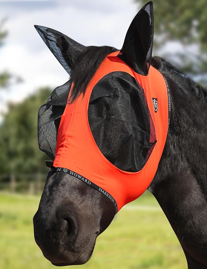 Harrison Howard Horse Fly Mask with Forelock Opening Stretch Breathable and Comfortable for Horses UV -Protection Orange L